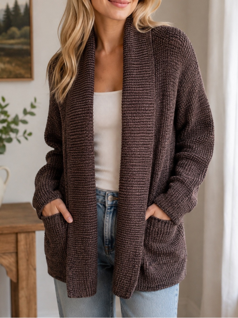 Cozy Open-Front Textured Knit Cardigan Sweater Heathered Brown Oatmeal Size L